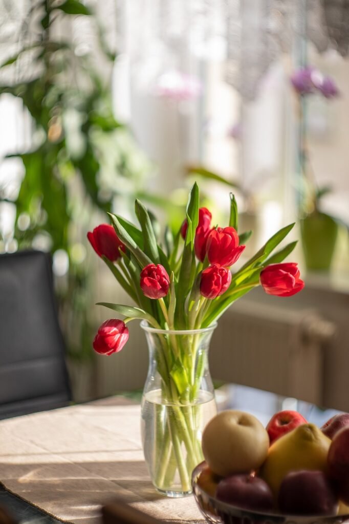 tulips, red flowers, flower vase