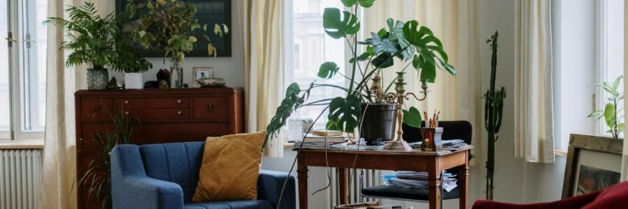 A cozy living room featuring indoor plants, vintage furniture, and natural light.