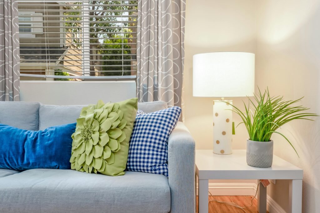 Bright living room featuring a soft sofa with vibrant pillows, a stylish table lamp, and a lush green plant.